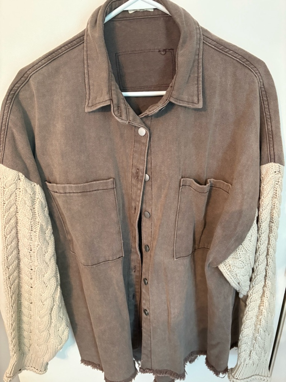 POL Taupe Button-Up Shacket with Contrast Sleeves